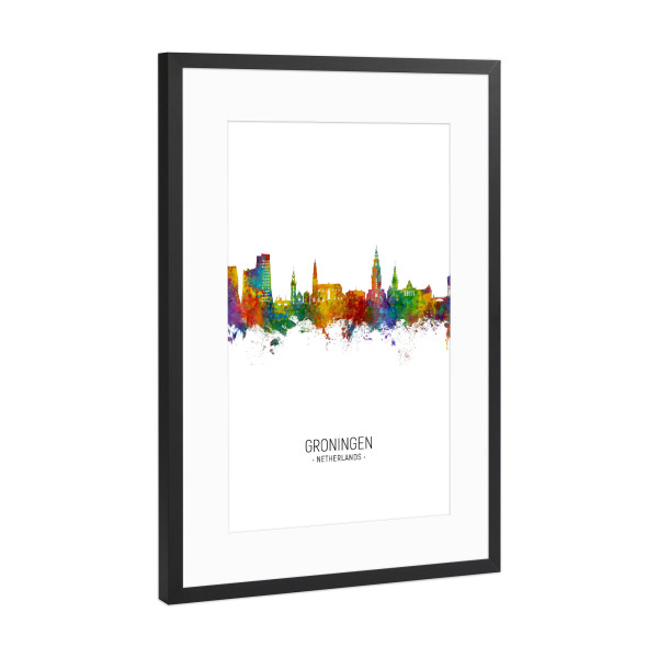 Poster mit Rahmen Schwarz (Metallic) "Groningen Skyline Portrait" artboxONE - Städte