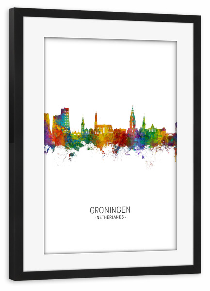 Poster mit Rahmen schwarz "Groningen Skyline Portrait" artboxONE - Städte - Groningen,Netherlands,Skyline,Cityscape,Painting,Watercolour,Stadtbild