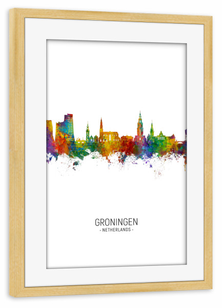 Poster mit Rahmen kiefer "Groningen Skyline Portrait" artboxONE - Städte - Groningen,Netherlands,Skyline,Cityscape,Painting,Watercolour,Stadtbild