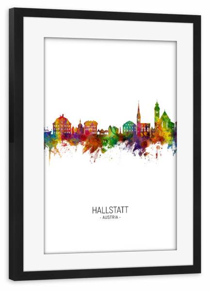 Poster mit Rahmen schwarz "Hallstatt Skyline Portrait" artboxONE - Städte - Hallstatt,Austria,Skyline,Cityscape,Painting,Watercolour,Stadtbild