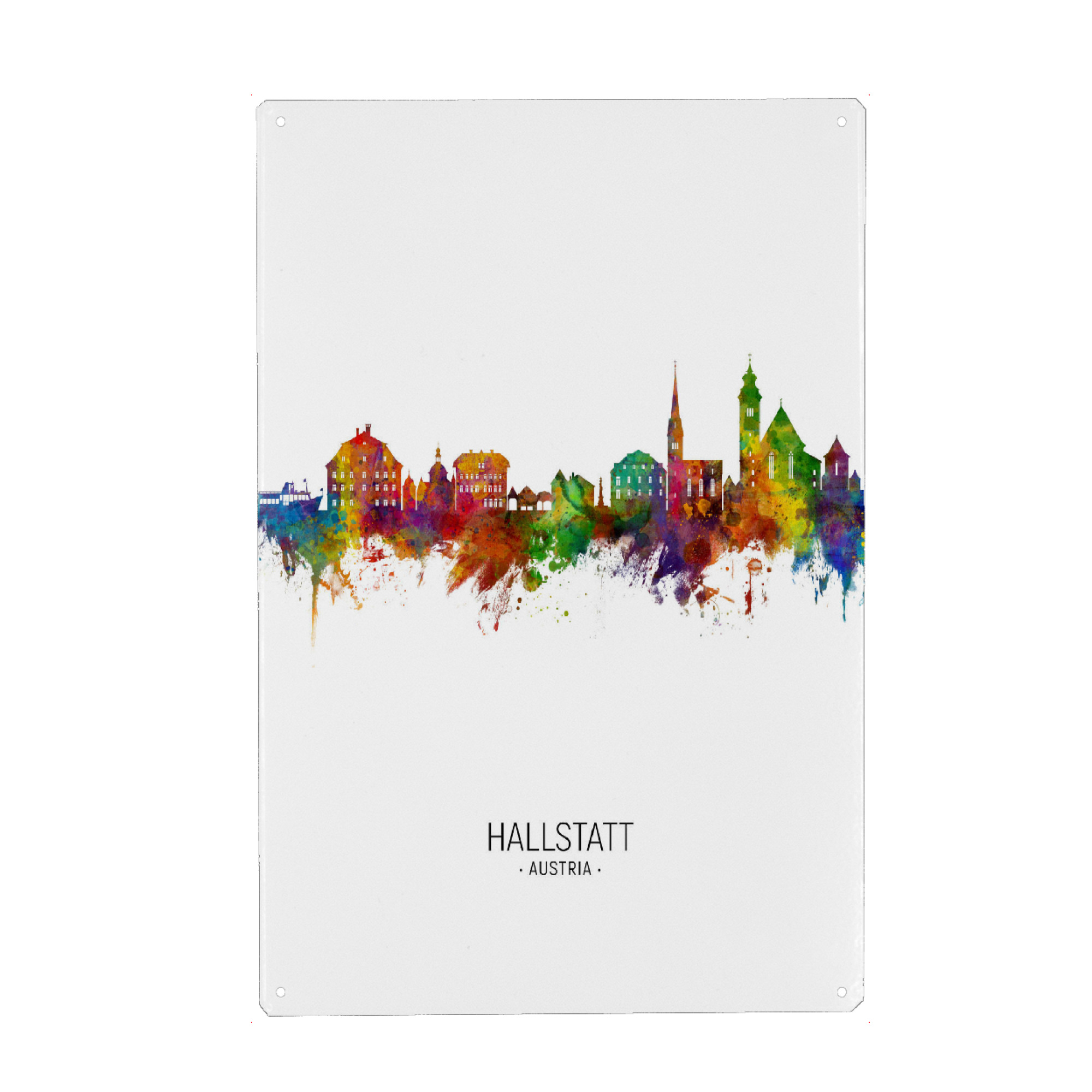 Metall Poster "Hallstatt Skyline Portrait" artboxONE - Städte - Hallstatt,Austria,Skyline,Cityscape,Painting,Watercolour,Stadtbild - Blechschild