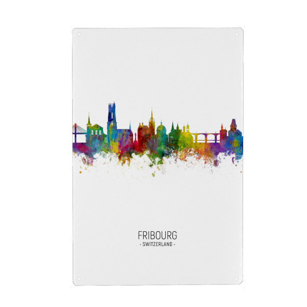 Metall Poster "Fribourg Skyline Portrait" artboxONE - Städte - Fribourg,Switzerland,Skyline,Cityscape,Painting,Watercolour,Stadtbild - Blechschild