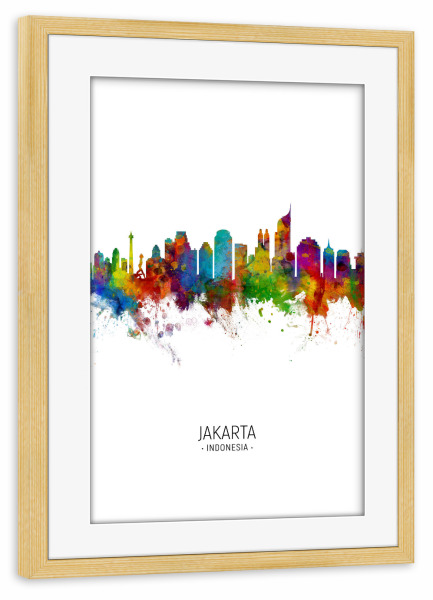 Poster mit Rahmen kiefer "Jakarta Indonesia Portrait" artboxONE - Städte - Jakarta,Indonesia,Skyline,Cityscape,Painting,Watercolour,Stadtbild