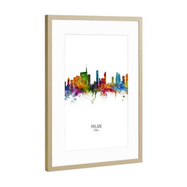 Poster mit Rahmen Gold "Milan Skyline Portrait" artboxONE - Städte - Milan,Italy,Skyline,Cityscape,Painting,Watercolour,Stadtbild