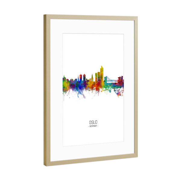 Poster mit Rahmen Gold "Oslo Skyline Portrait" artboxONE - Städte - Oslo,Norway,Skyline,Cityscape,Painting,Watercolour,Stadtbild