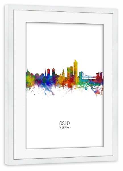 Poster mit Rahmen weiß "Oslo Skyline Portrait" artboxONE - Städte - Oslo,Norway,Skyline,Cityscape,Painting,Watercolour,Stadtbild