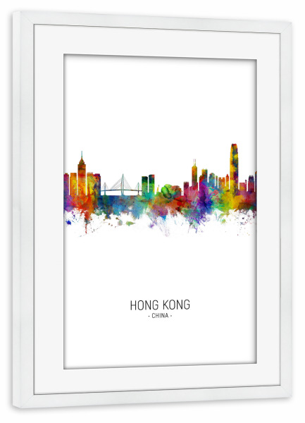 Poster mit Rahmen weiß "Hong Kong Skyline Portrait" artboxONE - Städte - Hong kong,China,Skyline,Cityscape,Painting,Watercolour,Stadtbild