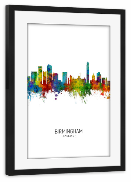 Poster mit Rahmen schwarz "Birmingham Skyline Portrait" artboxONE - Städte - Birmingham,England,Skyline,Cityscape,Painting,Watercolour,Stadtbild