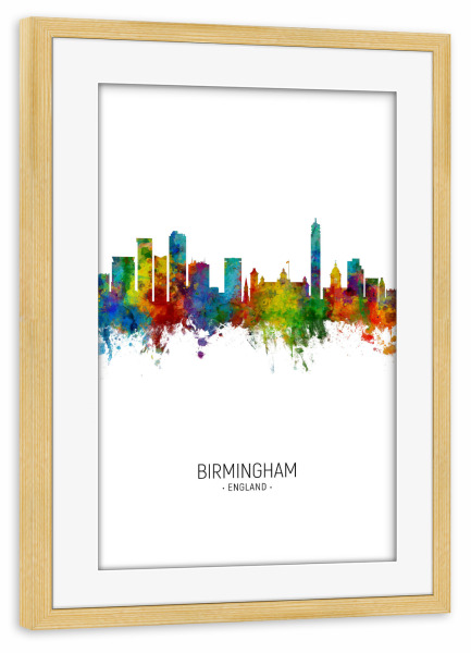 Poster mit Rahmen kiefer "Birmingham Skyline Portrait" artboxONE - Städte - Birmingham,England,Skyline,Cityscape,Painting,Watercolour,Stadtbild