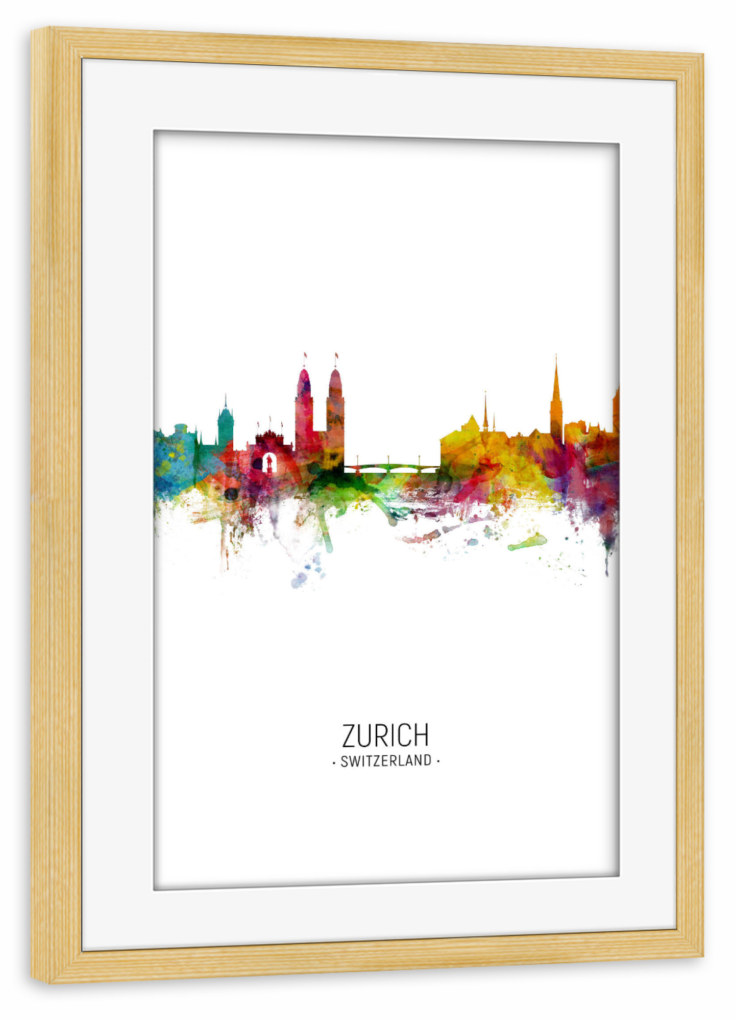 Poster mit Rahmen kiefer "Zurich Skyline Portrait" artboxONE - Städte / Zürich - Zurich,Switzerland,Skyline,Cityscape,Painting,Watercolour,Stadtbild