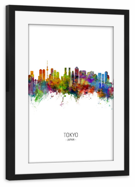 Poster mit Rahmen schwarz "Tokyo Skyline Portrait" artboxONE - Städte / Tokio - Tokyo,Japan,Skyline,Cityscape,Painting,Watercolour,Stadtbild