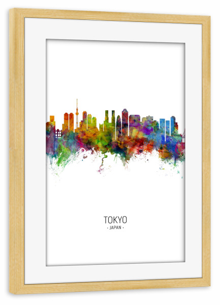 Poster mit Rahmen kiefer "Tokyo Skyline Portrait" artboxONE - Städte / Tokio - Tokyo,Japan,Skyline,Cityscape,Painting,Watercolour,Stadtbild