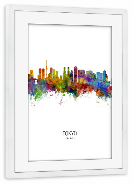 Poster mit Rahmen weiß "Tokyo Skyline Portrait" artboxONE - Städte / Tokio - Tokyo,Japan,Skyline,Cityscape,Painting,Watercolour,Stadtbild