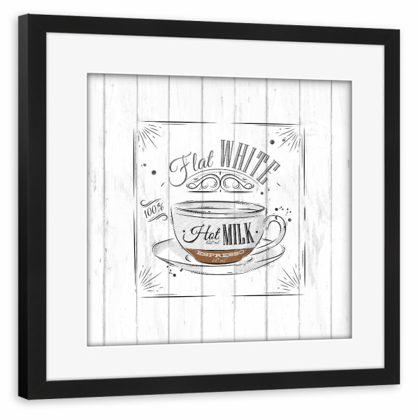 Poster mit Rahmen schwarz "Coffee flat white wood" artboxONE - Essen & Trinken,Schwarzweiß