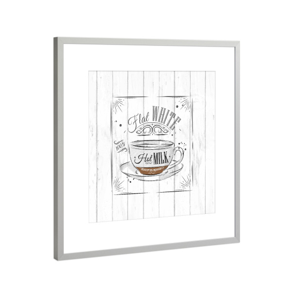 Poster mit Rahmen Silber "Coffee flat white wood" artboxONE - Essen & Trinken,Schwarzweiß