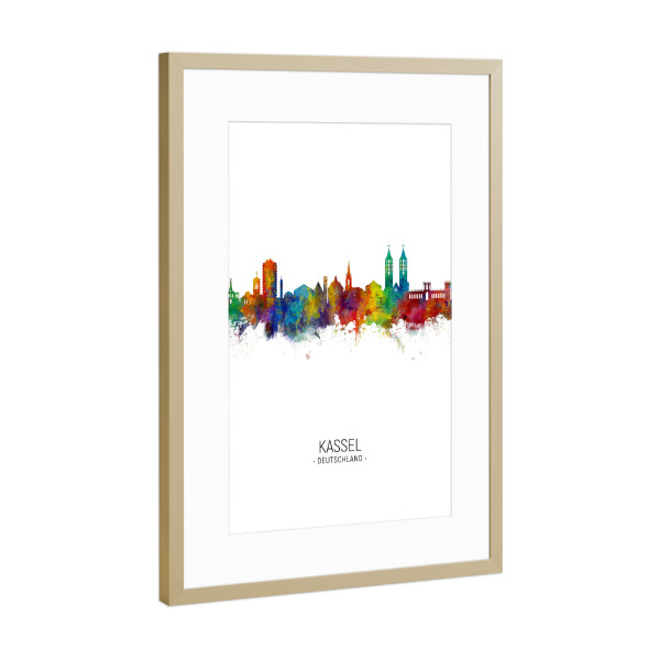Poster mit Rahmen Gold "Kassel Skyline Portrait" artboxONE - Städte - Kassel,Germany,Skyline,Cityscape,Painting,Watercolour,Stadtbild