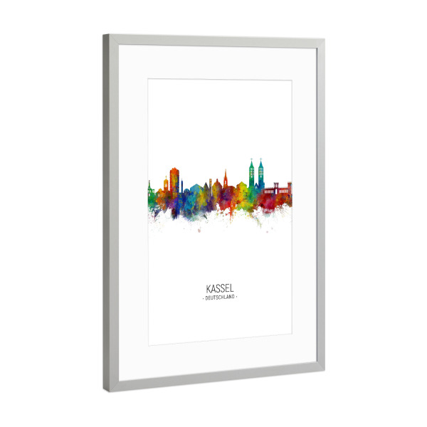Poster mit Rahmen Silber "Kassel Skyline Portrait" artboxONE - Städte - Kassel,Germany,Skyline,Cityscape,Painting,Watercolour,Stadtbild