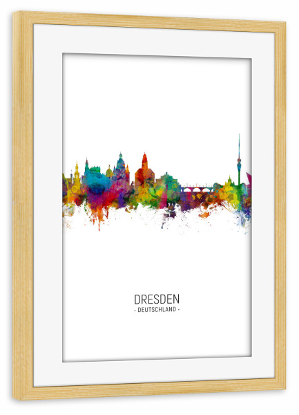 Poster mit Rahmen kiefer "Dresden Skyline Portrait" artboxONE - Städte / Dresden - Dresden,Germany,Skyline,Cityscape,Painting,Watercolour,Stadtbild