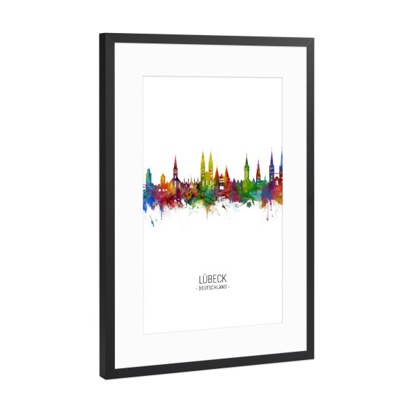 Poster mit Rahmen Schwarz (Metallic) "Lübeck Skyline Portrait" artboxONE - Städte - Lübeck,Germany,Skyline,Cityscape,Painting,Watercolour,Stadtbild