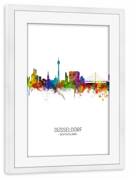Poster mit Rahmen weiß "Düsseldorf Skyline Portrait" artboxONE - Städte / Düsseldorf