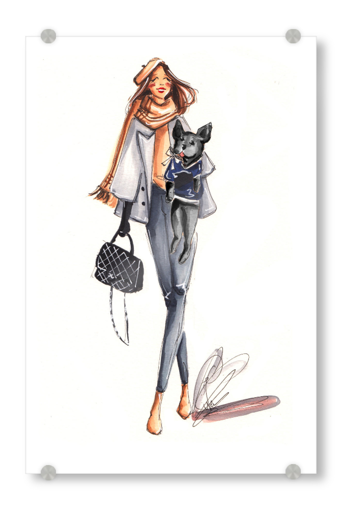 Acrylglasbild "Fashion Girl with Black Frenchie" artboxONE - Tiere,Fashion - French bulldog,Frenchie,Girl,Fashion,Fashion illustration