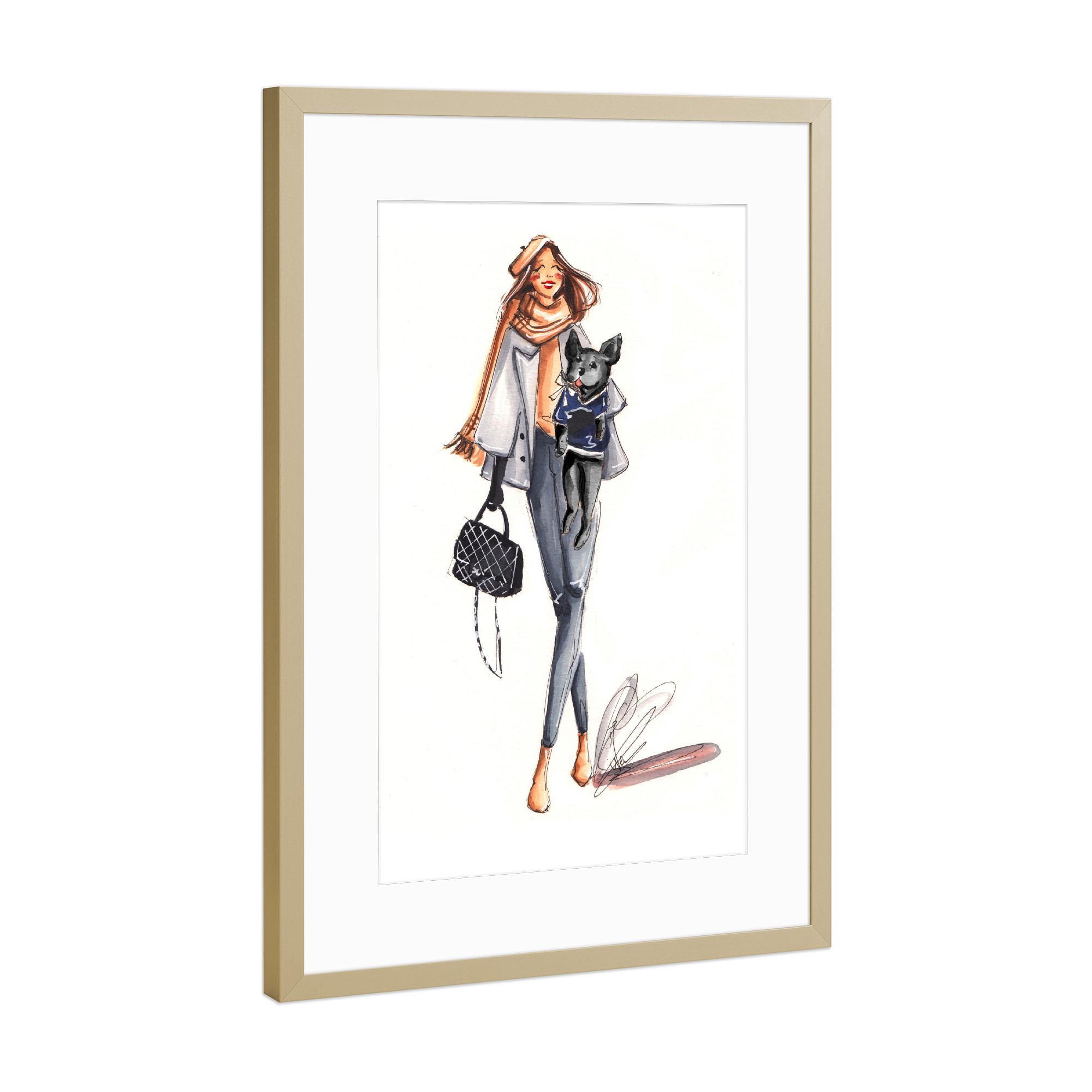 Poster mit Rahmen Gold "Fashion Girl with Black Frenchie" artboxONE - Tiere,Fashion - French bulldog,Frenchie,Girl,Fashion,Fashion illustration