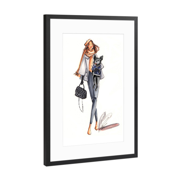 Poster mit Rahmen Schwarz (Metallic) "Fashion Girl with Black Frenchie" artboxONE - Tiere,Fashion