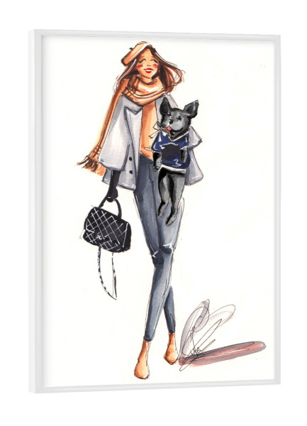Poster mit weißem Rahmen "Fashion Girl with Black Frenchie" artboxONE - Tiere,Fashion - French bulldog,Frenchie,Girl,Fashion,Fashion illustration