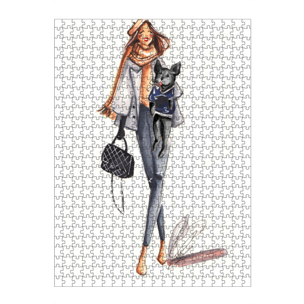 Puzzle Ravensburger "Fashion Girl with Black Frenchie" artboxONE - Tiere,Fashion - French bulldog,Frenchie,Girl,Fashion,Fashion illustration