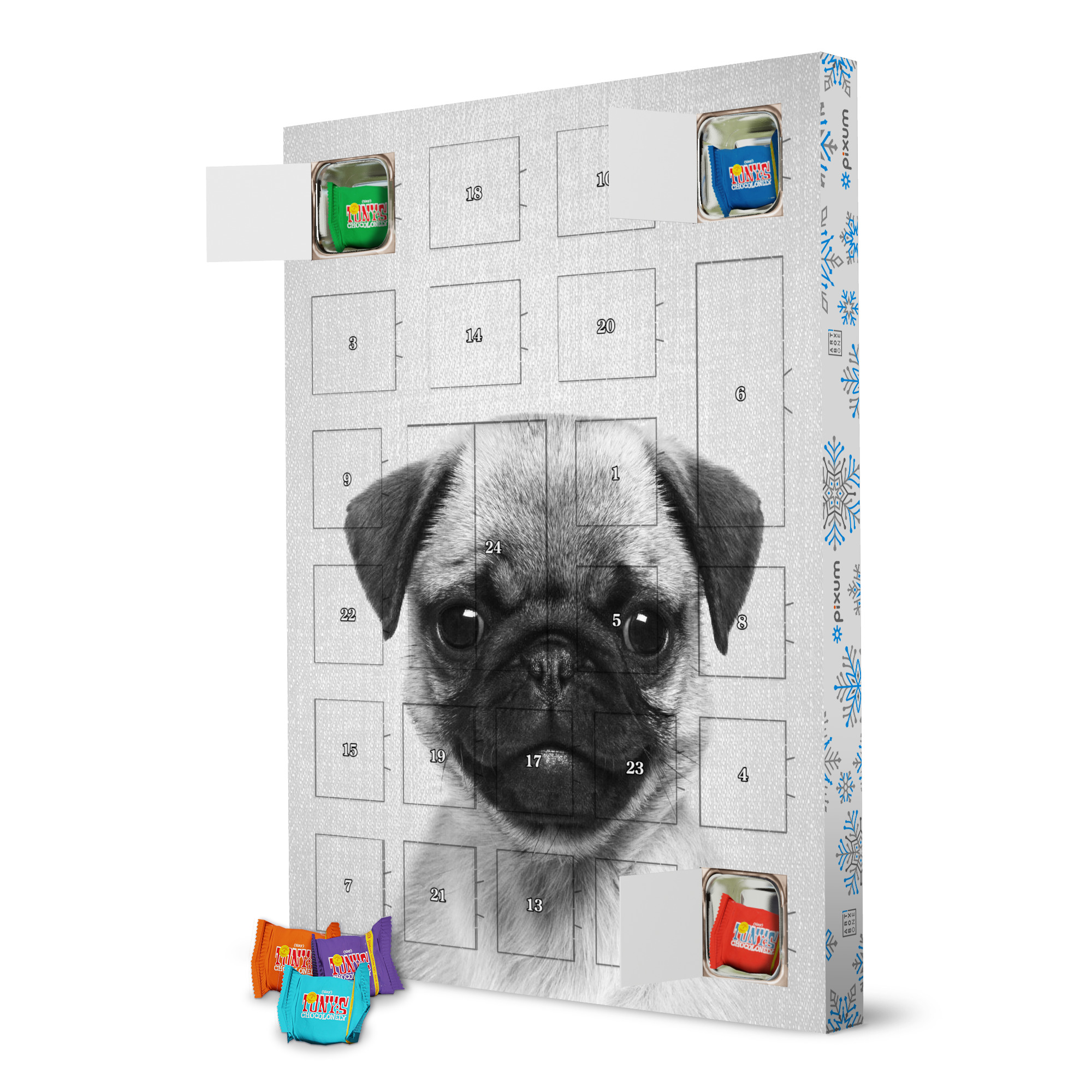 Adventskalender mit Tony's Chocolonely Pug Puppy - Black & White artboxONE Adventskalender Für Kinder