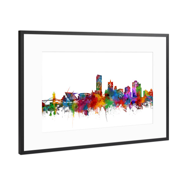 Poster mit Rahmen Schwarz (Metallic) "Milwaukee skyline watercolor" artboxONE - Städte,Reise
