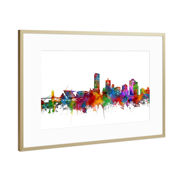 Poster mit Rahmen Gold "Milwaukee skyline watercolor" artboxONE - Städte,Reise