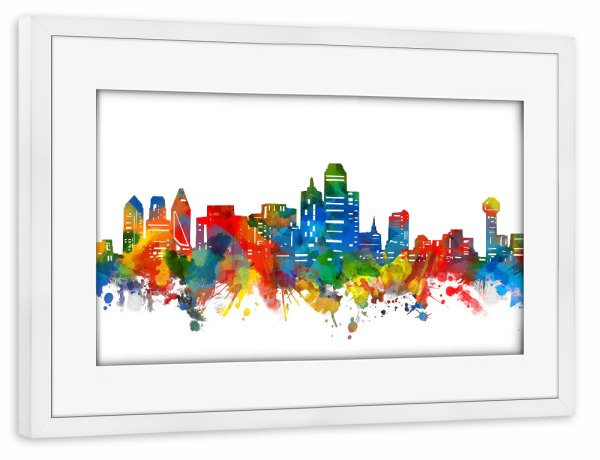 Poster mit Rahmen weiß "Dallas skyline watercolor" artboxONE - Städte,Architektur