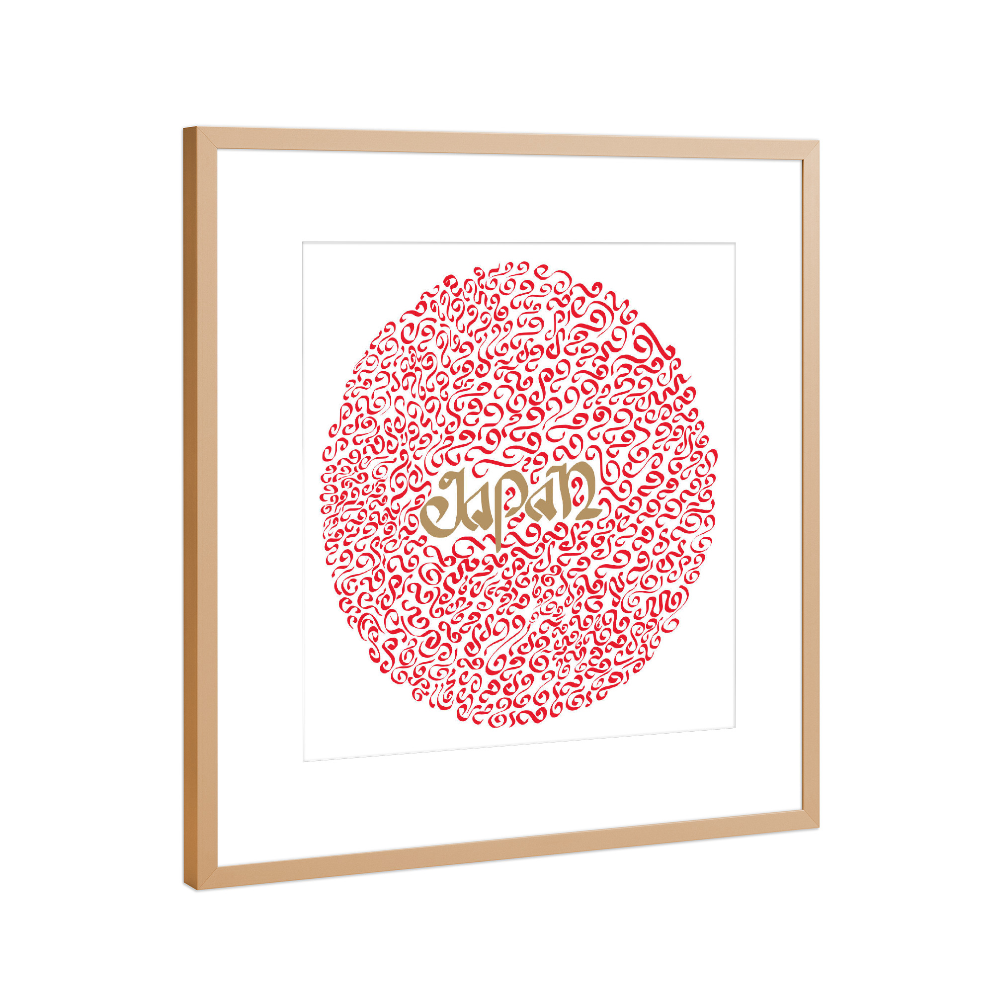 Poster mit Rahmen Kupfer "Japan in Circle" artboxONE - Typografie,Reise,Reise / Asien - Japan,Asia,Red,Flag,Symbol,Typo,Lettering,Writing,Travel