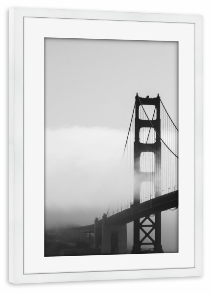 Poster mit Rahmen weiß "Foggy Golden Gate Bridge - Left" artboxONE - Reise,Schwarzweiß,Städte / San Francisco
