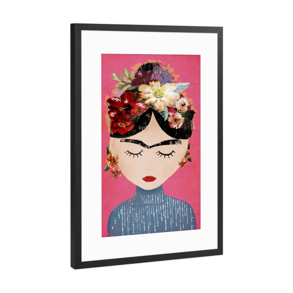 Poster mit Rahmen Schwarz (Metallic) "FRIDA in Pink" artboxONE - Menschen - Frida,Kahlo,Mensch,Portrait,Blumen,Vorbild,Bunt,Female,Woman,Frau