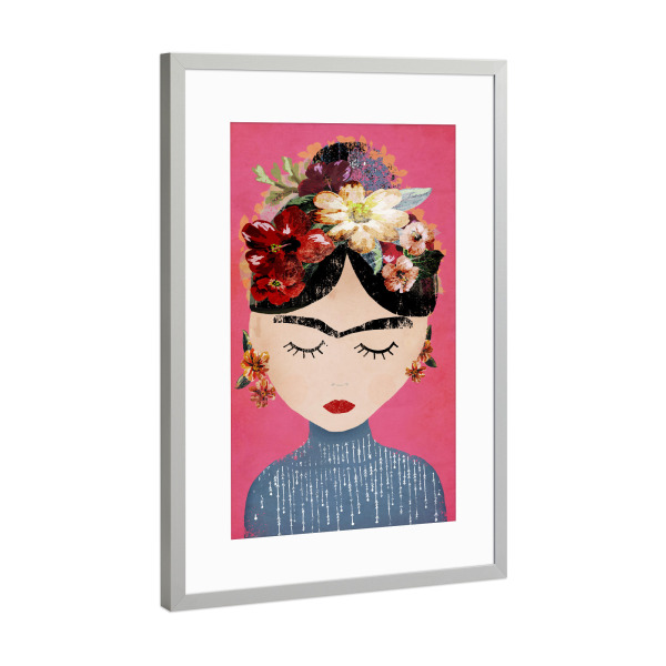 Poster mit Rahmen Silber "FRIDA in Pink" artboxONE - Menschen - Frida,Kahlo,Mensch,Portrait,Blumen,Vorbild,Bunt,Female,Woman,Frau