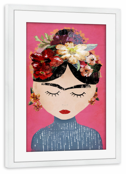 Poster mit Rahmen weiß "FRIDA in Pink" artboxONE - Menschen - Frida,Kahlo,Mensch,Portrait,Blumen,Vorbild,Bunt,Female,Woman,Frau