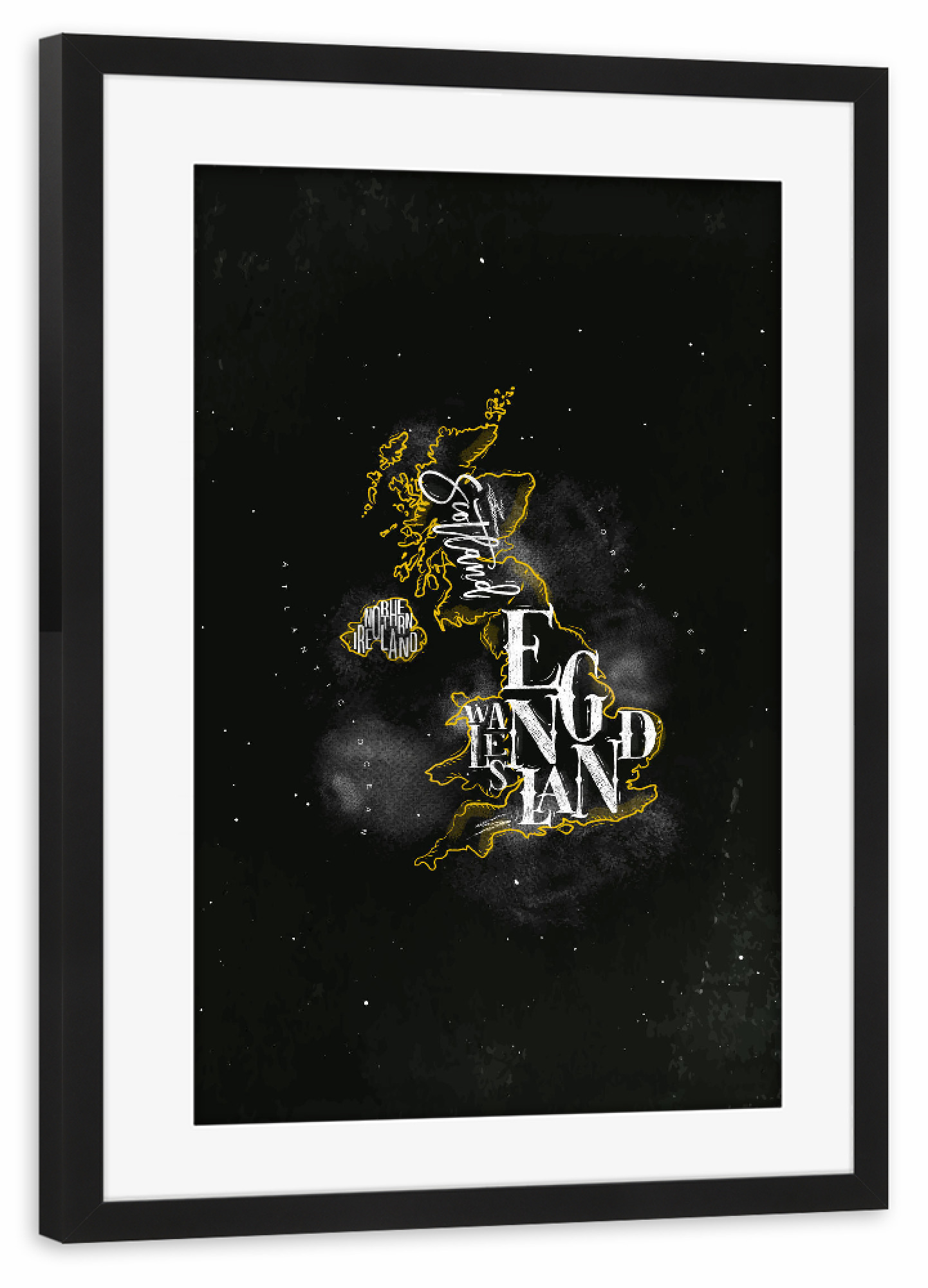 Poster mit Rahmen schwarz "Map UK Vintage Chalk Yellow" artboxONE - Reise,Schwarzweiß,Kartografie