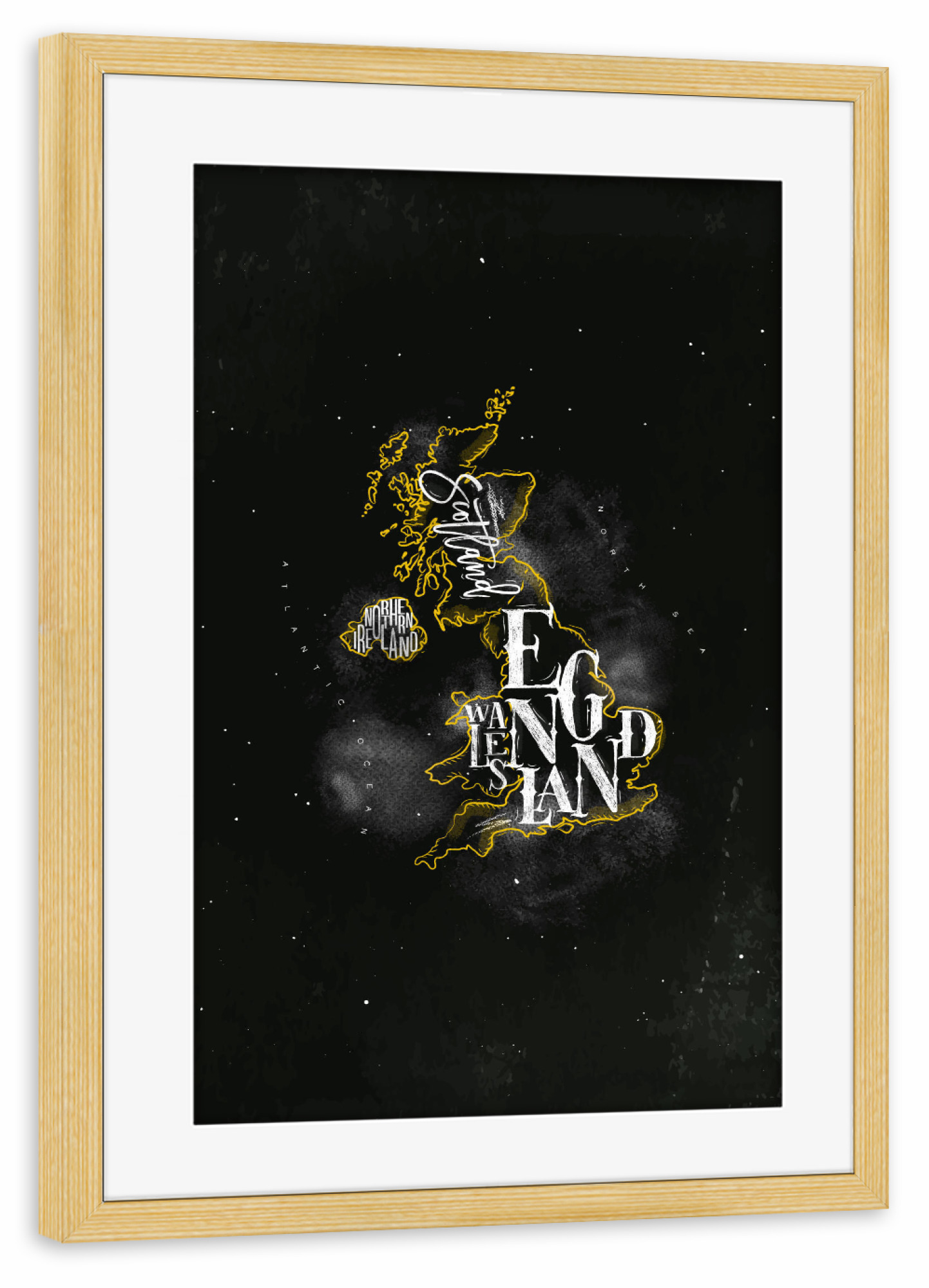 Poster mit Rahmen kiefer "Map UK Vintage Chalk Yellow" artboxONE - Reise,Schwarzweiß,Kartografie