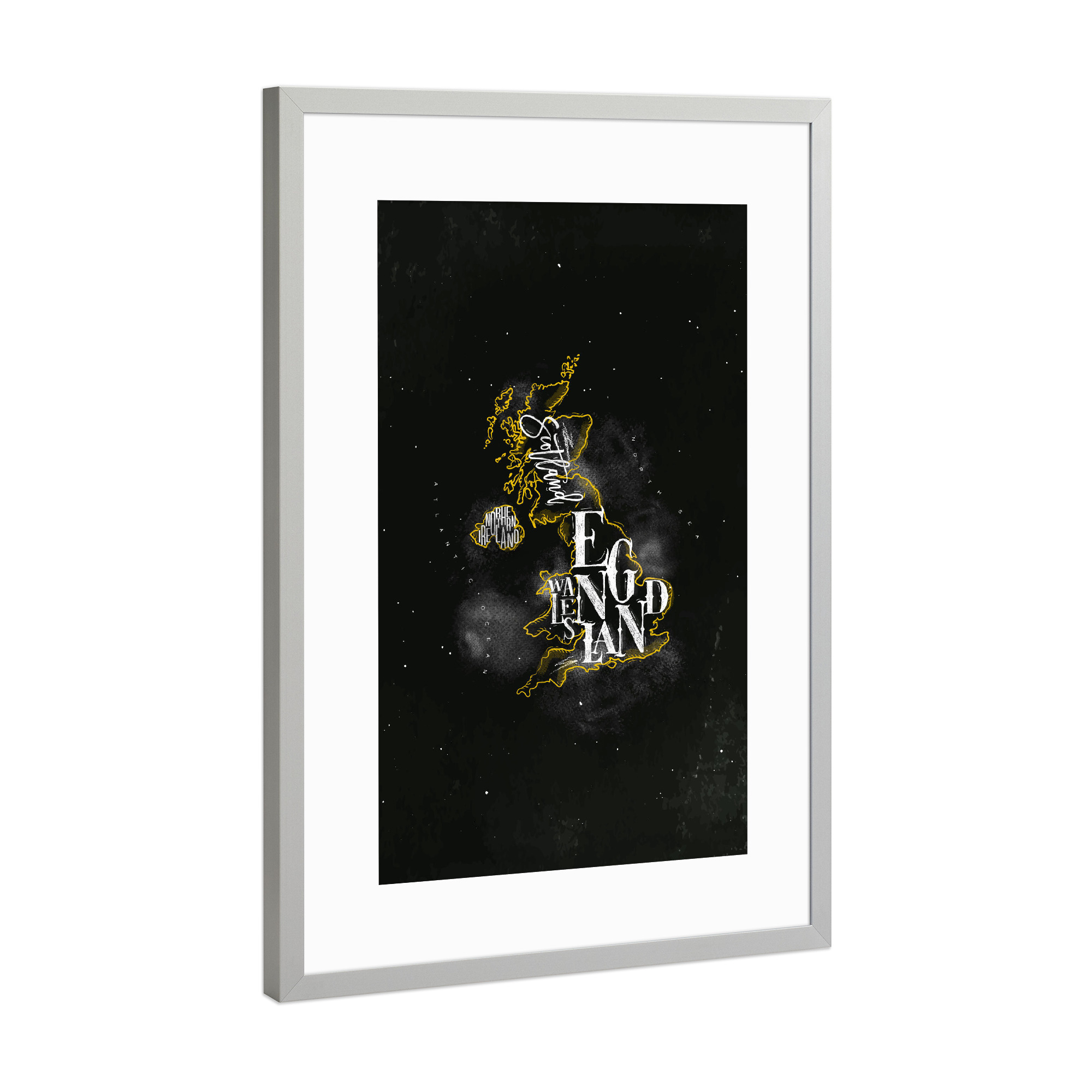 Poster mit Rahmen Silber "Map UK Vintage Chalk Yellow" artboxONE - Reise,Schwarzweiß,Kartografie