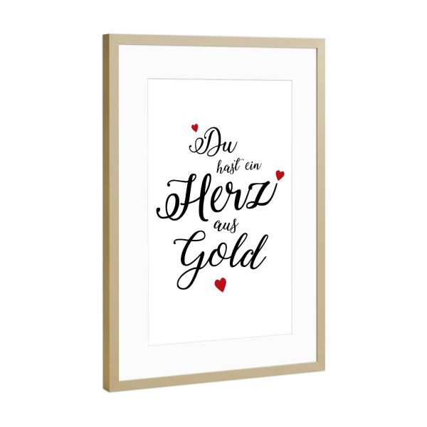 Poster mit Rahmen Gold "Herz aus Gold mit roten Herzchen" artboxONE - Typografie,Schwarzweiß,Liebe,Für Mama,Für Papa