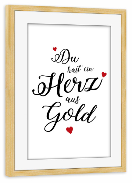 Poster mit Rahmen kiefer "Herz aus Gold mit roten Herzchen" artboxONE - Typografie,Schwarzweiß,Liebe,Für Mama,Für Papa