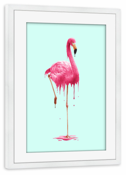 Poster mit Rahmen weiß "MELTING FLAMINGO" artboxONE - Tiere,Streetart,Fiktion,Lustig