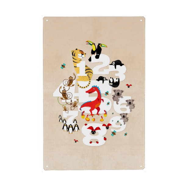 Metall Poster "Eins Zwei Drei – Tiere" artboxONE - Für Kinder - Kinderzimmerdekoration,Faultiere,Koalas,Drache,Kinder,Kinderzimmer,Zahlen,Tiere,Tier