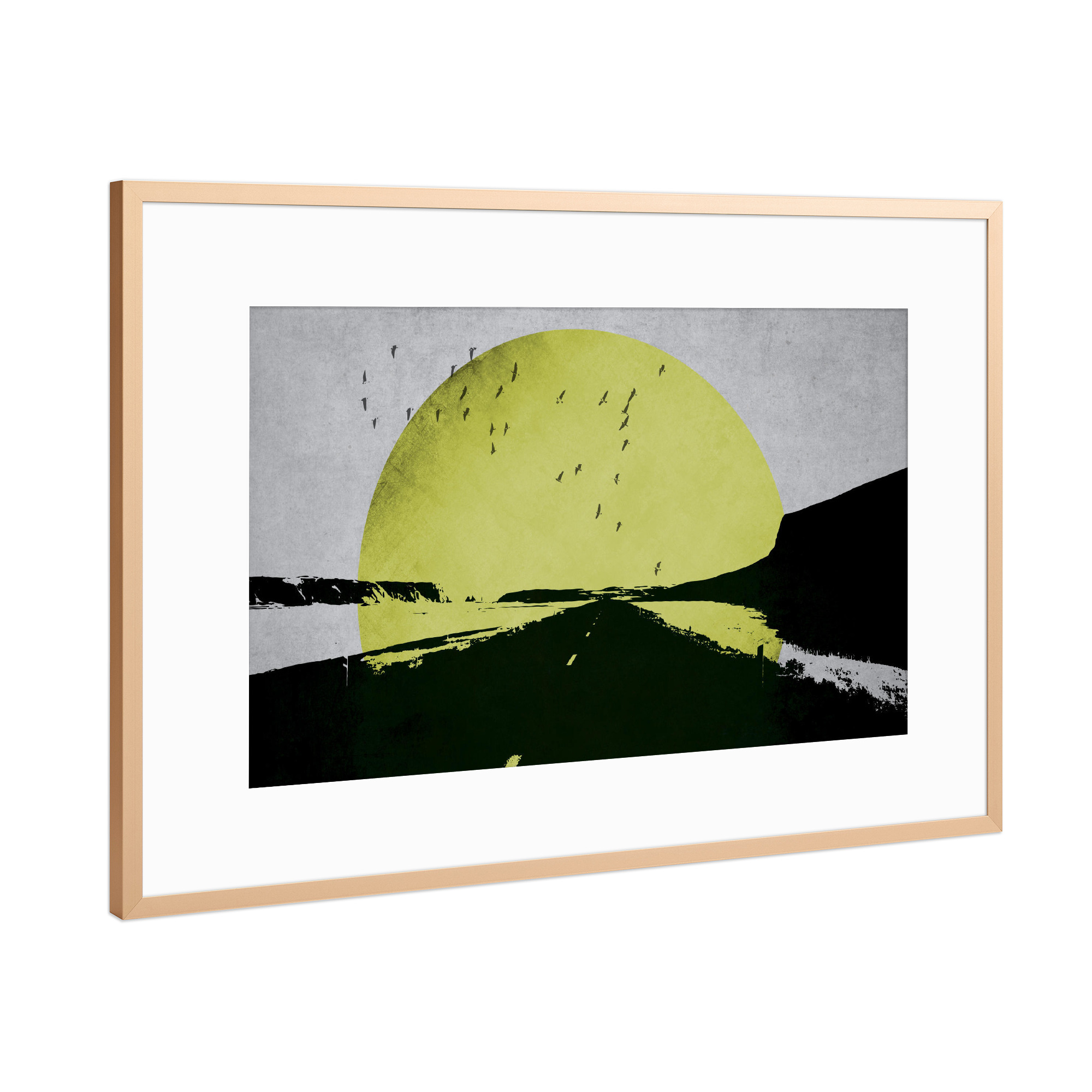 Poster mit Rahmen Kupfer "Mond Gelb" artboxONE - Abstrakt - Mond,Landschaft,Vögel,Strasse,Skandinavisch,Abstrakt,Natur