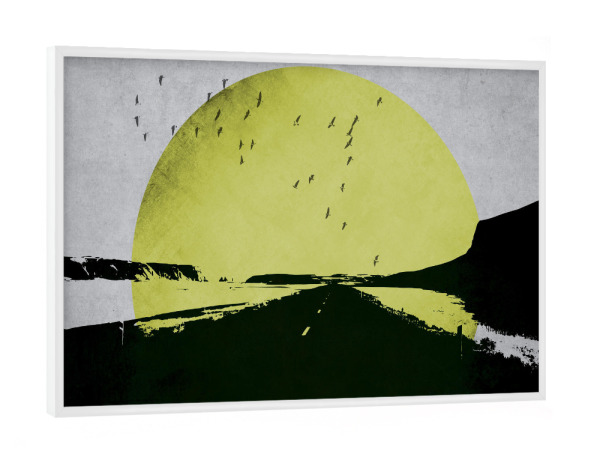 Poster mit weißem Rahmen "Mond Gelb" artboxONE - Abstrakt - Mond,Landschaft,Vögel,Strasse,Skandinavisch,Abstrakt,Natur