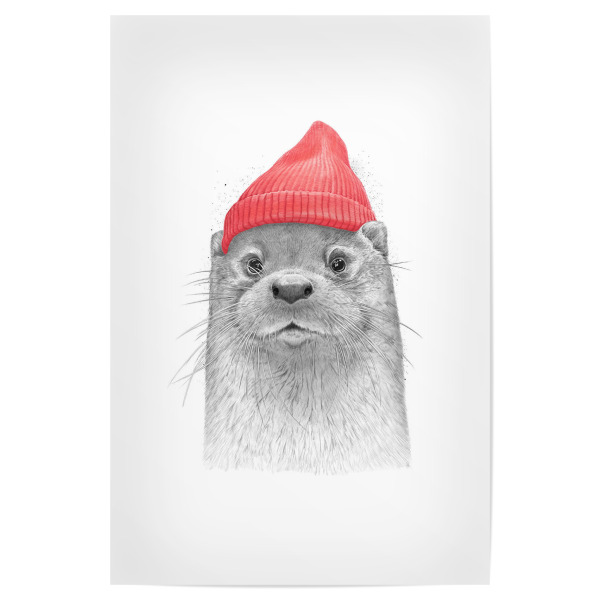 Poster 30x20 cm "Sea otter" artboxONE - Tiere,Schwarzweiß - Otter,Otters,Animal,Animals,Cute animal,Wild,Wildlife,Sea,Hat,Ink,Art,Artwork