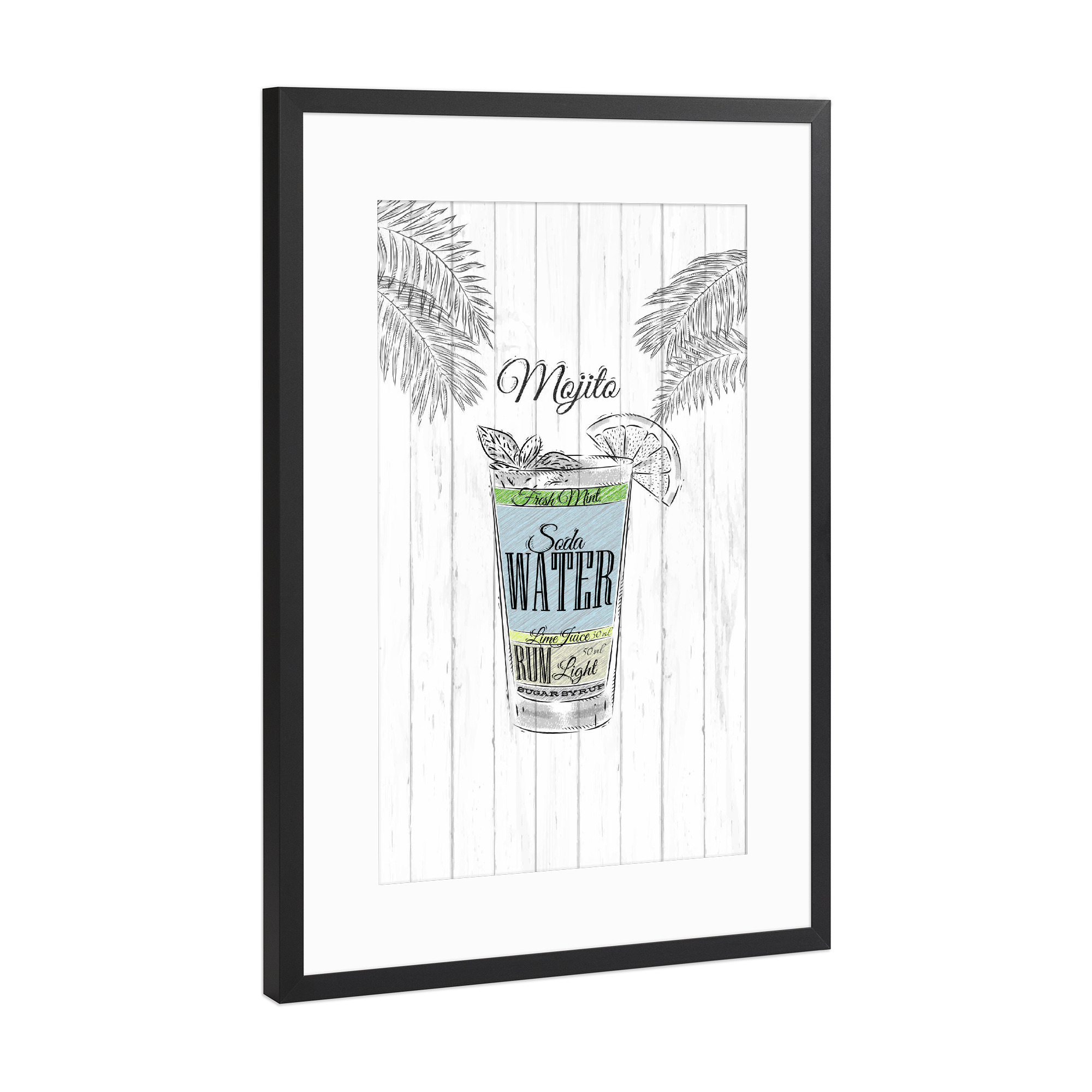 Poster mit Rahmen Schwarz (Metallic) "Mojito cocktail wood" artboxONE - Essen & Trinken / Alkohol - Cocktail,Glass,Alcohol,Illustration,Mojito