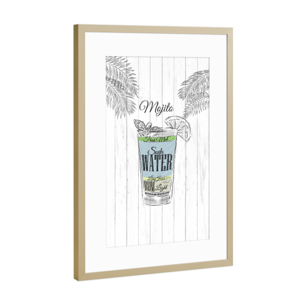 Poster mit Rahmen Gold "Mojito cocktail wood" artboxONE - Essen & Trinken / Alkohol - Cocktail,Glass,Alcohol,Illustration,Mojito